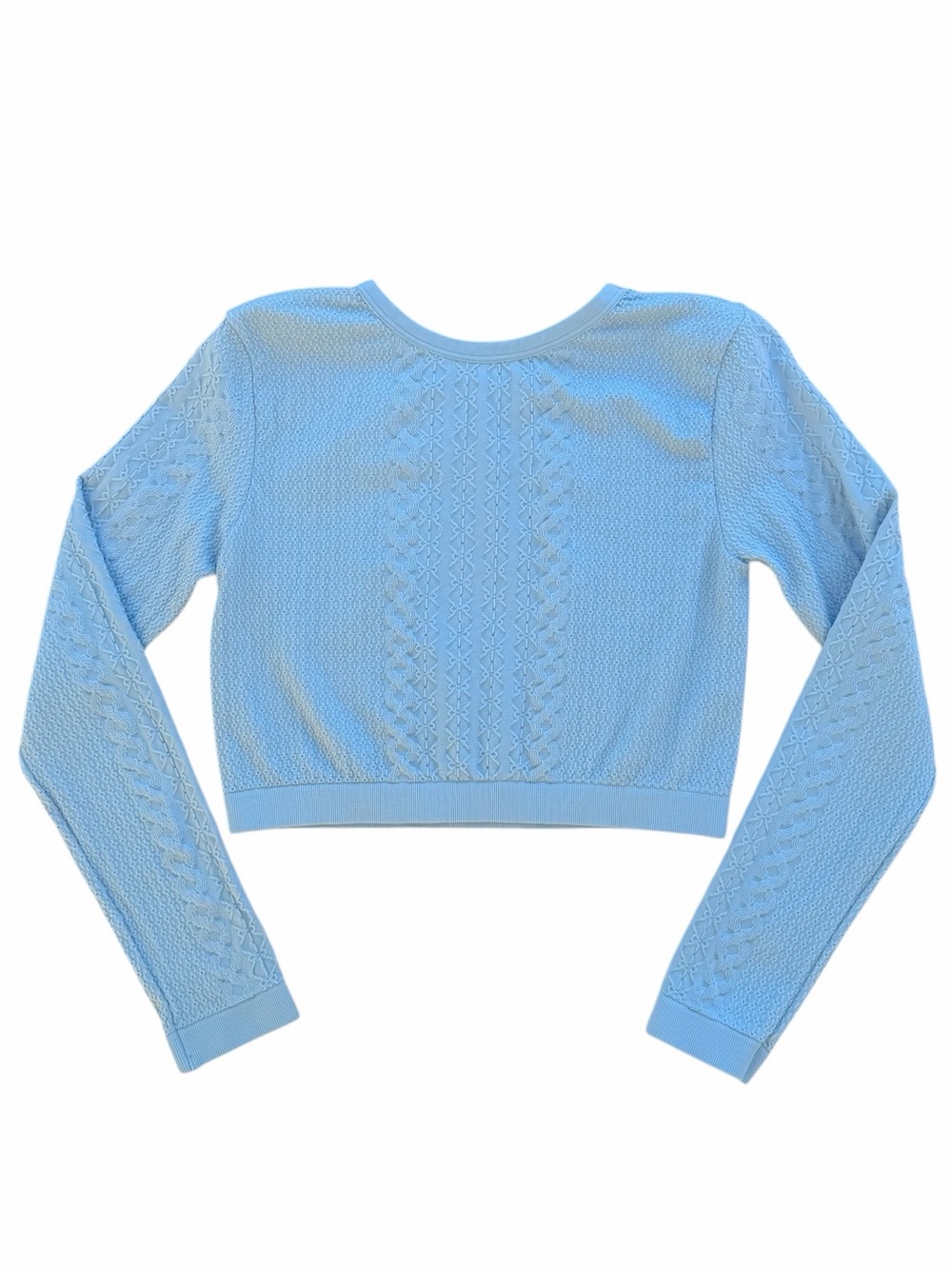 Light Blue Cable and Honeycomb Texture-Mapped Long-Sleeve Activewear Crop Top XL - Picture 2 of 6